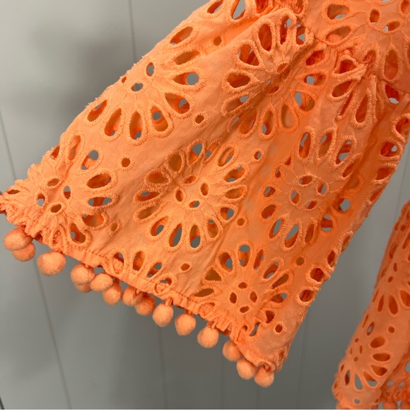 Lilly Pulitzer Bekah Orange Floral Eyelet Ruffle Pom Pom Trim Peplum Hem Top XS - Picture 2 of 5